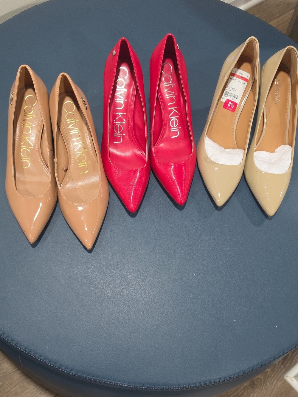 Calvin Klein Women's Red Pointed-Toe Patent Pumps (with Nude and Beige Pairs)
